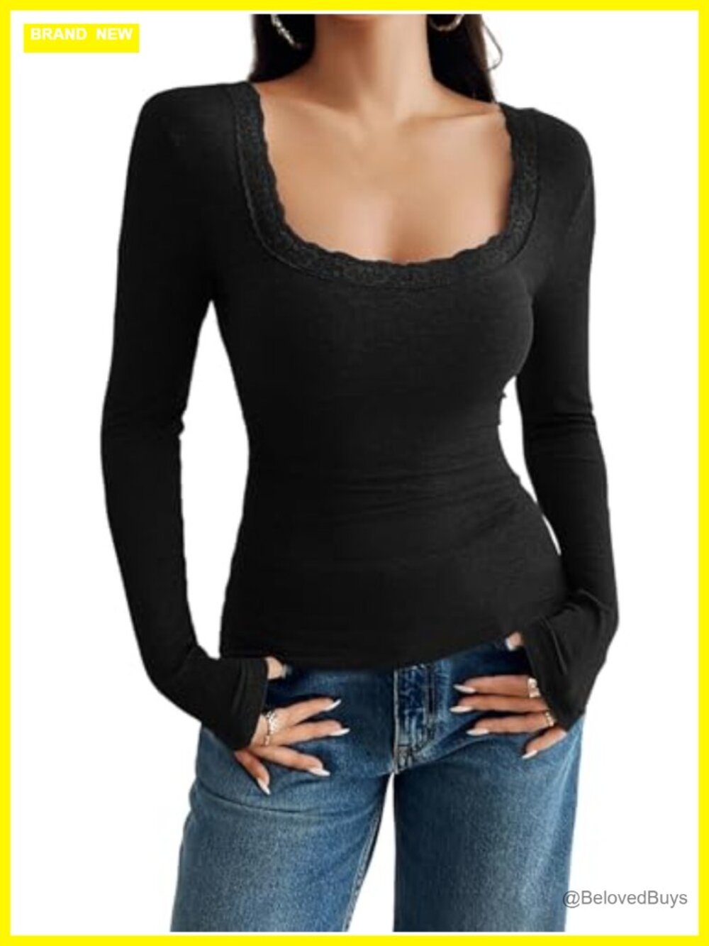 Women Lace Trim Long Sleeve Slim Fit Ribbed Knit U Neck Crop Top